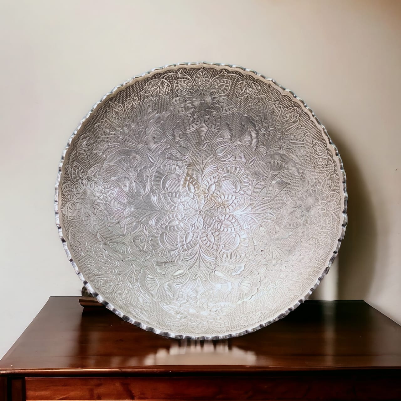 AT/103 - Vintage Rare Very Beautifully Engraved Silver Plated Pure Brass Border Fruit Bowl.