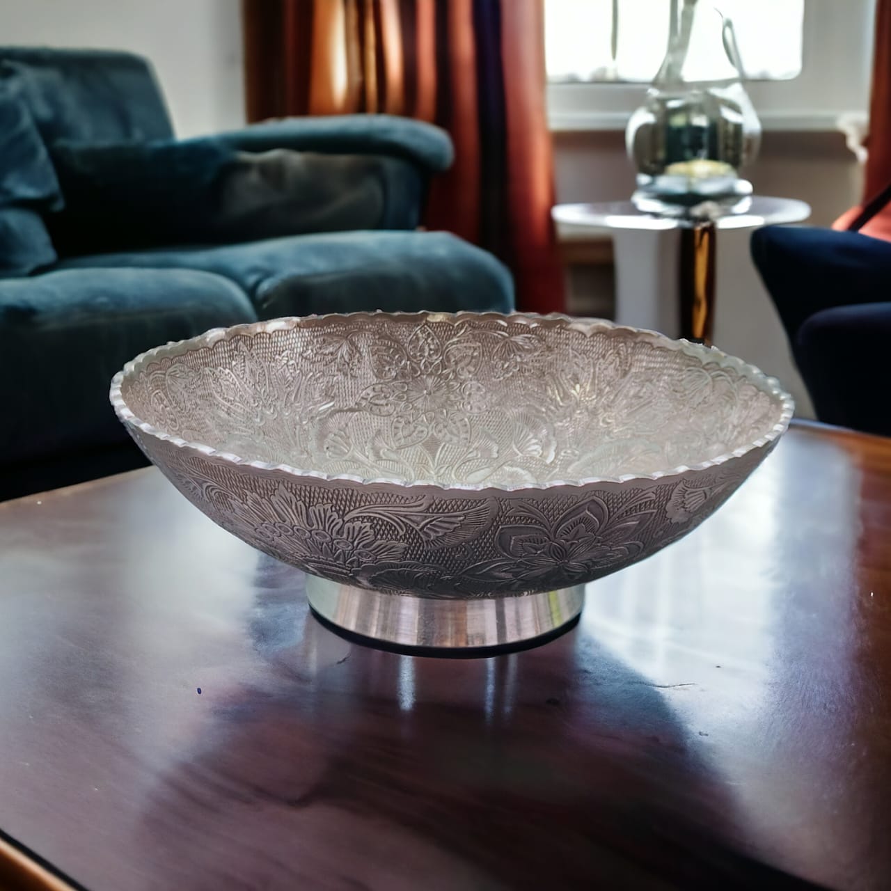 AT/103 - Vintage Rare Very Beautifully Engraved Silver Plated Pure Brass Border Fruit Bowl.