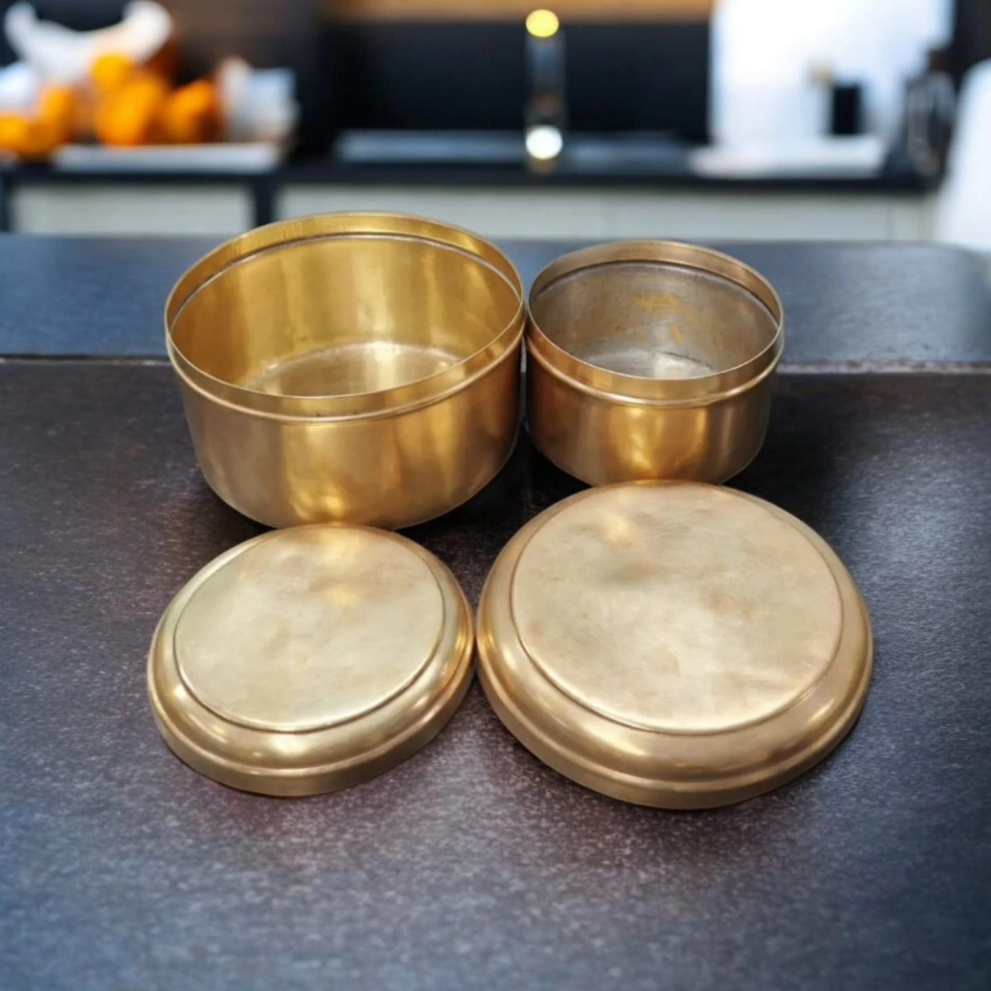 AT/118 - Set Of 2 Antique Brass Round Shape Storage Box