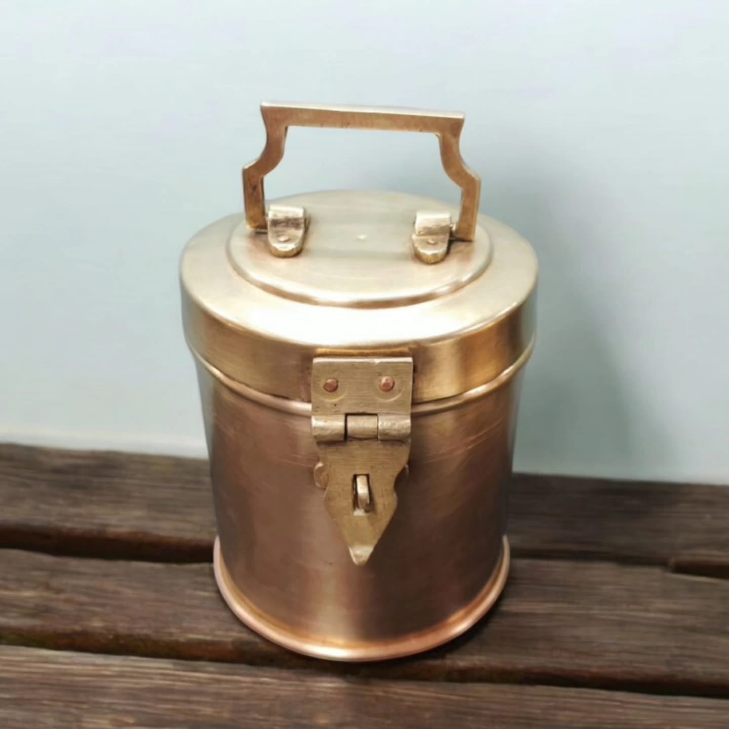 AT/017 - Vintage Brass Cylindrical Lockable Box With Handle