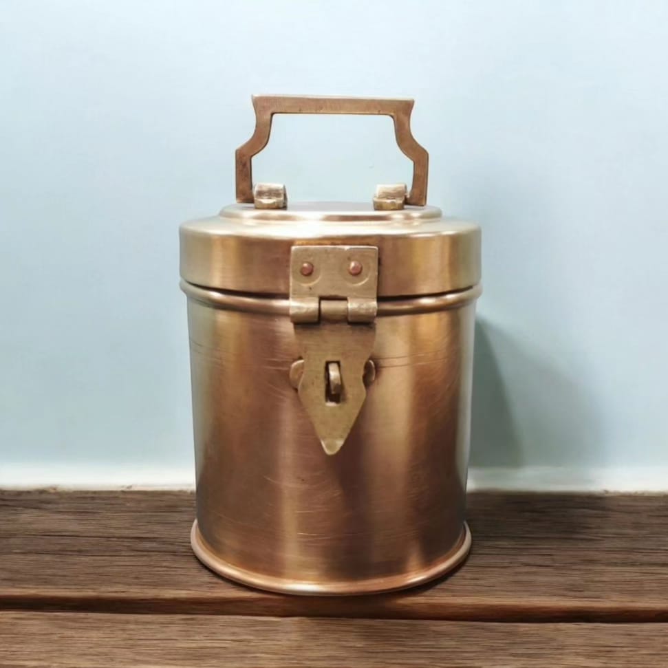 AT/017 - Vintage Brass Cylindrical Lockable Box With Handle