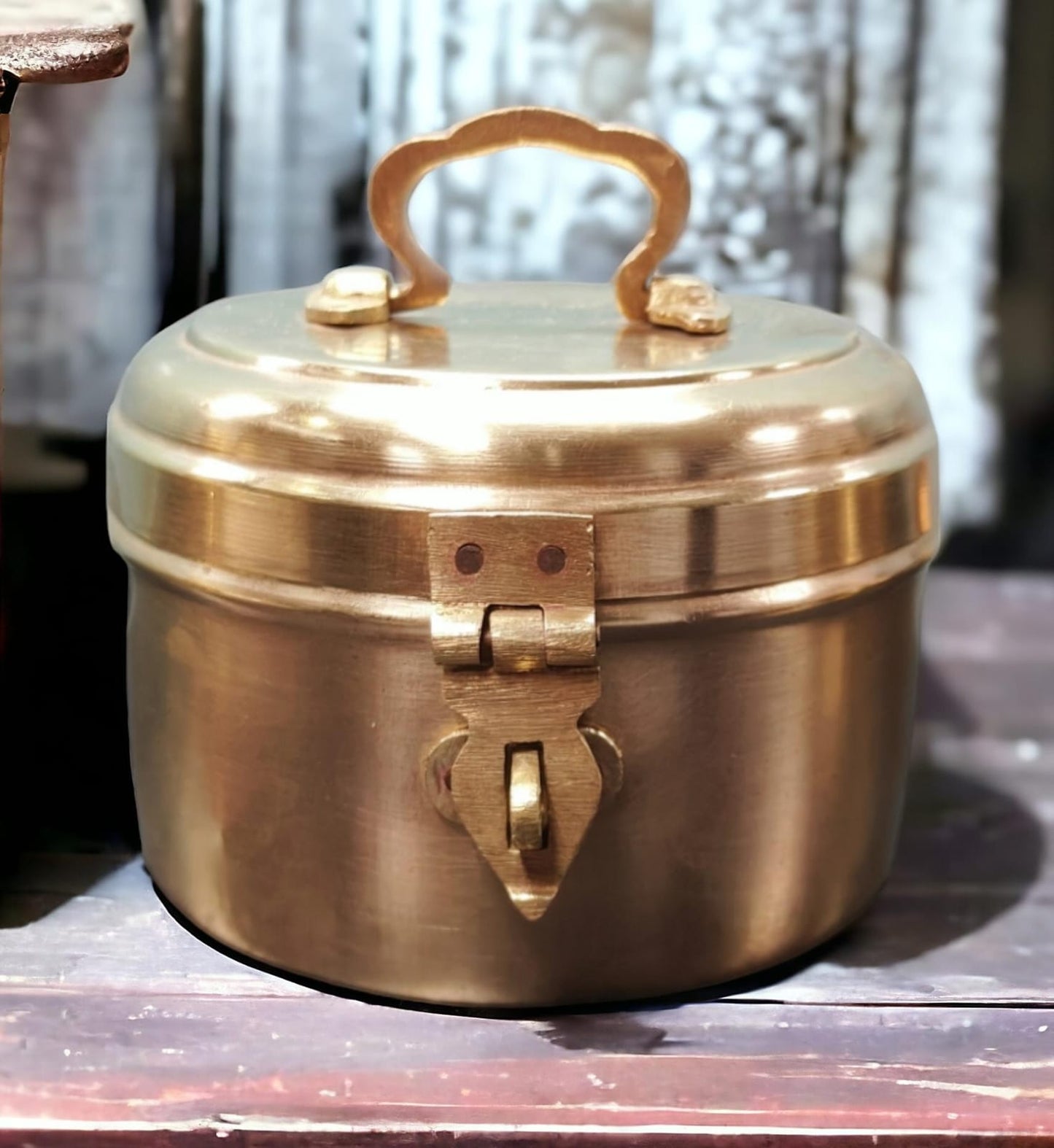 AT/058 - Vintage Rare Pure Brass Antique Cylindrical Box With Handle & Locking System