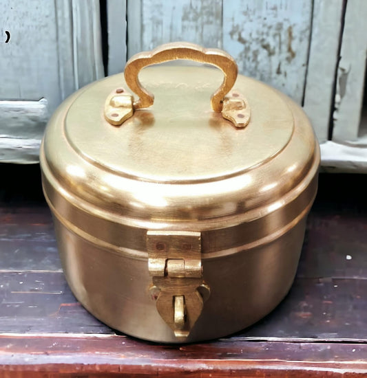 AT/058 - Vintage Rare Pure Brass Antique Cylindrical Box With Handle & Locking System