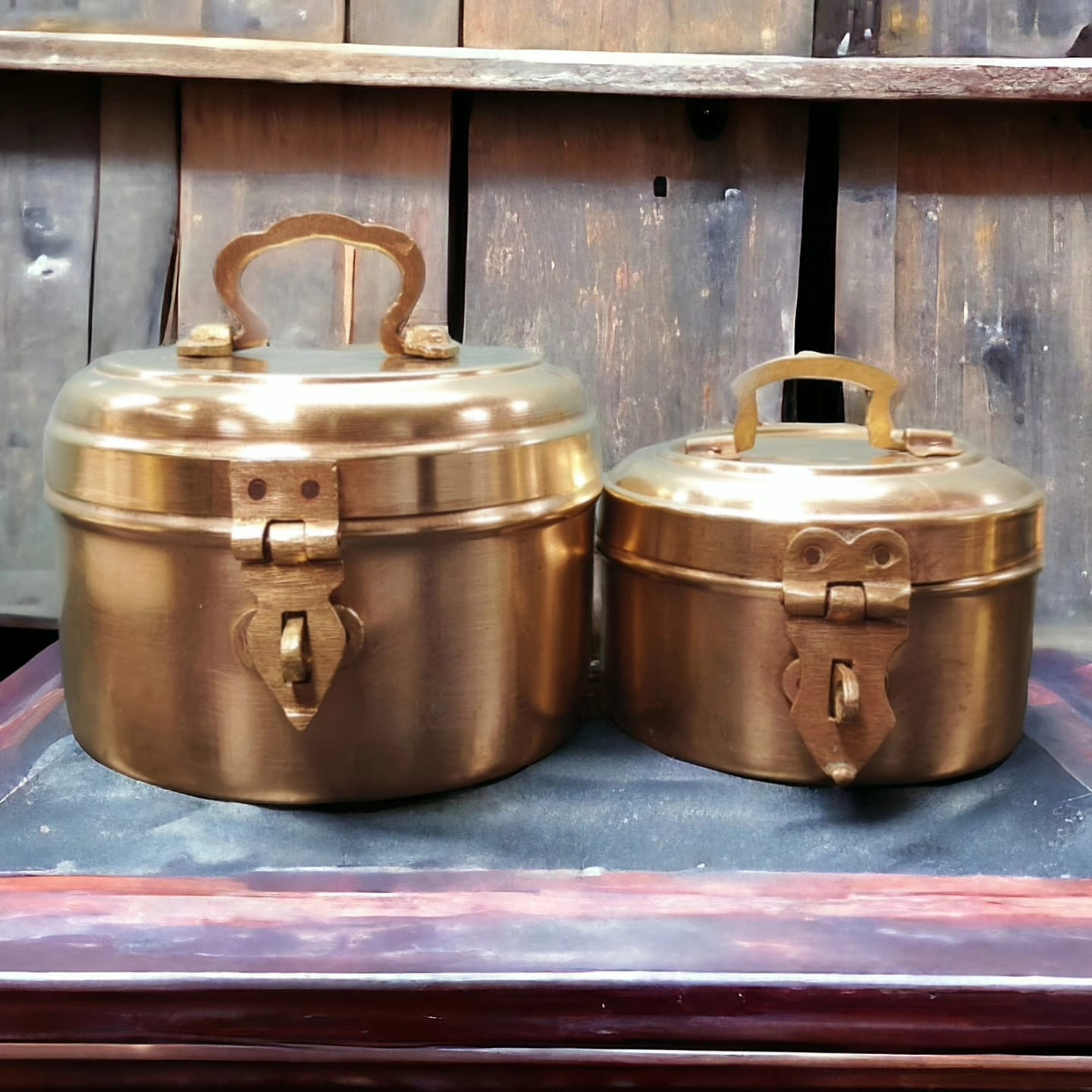 AT/060 - Set Of 2 Vintage Rare Pure Brass Antique Cylindrical Box With Handle & Locking System