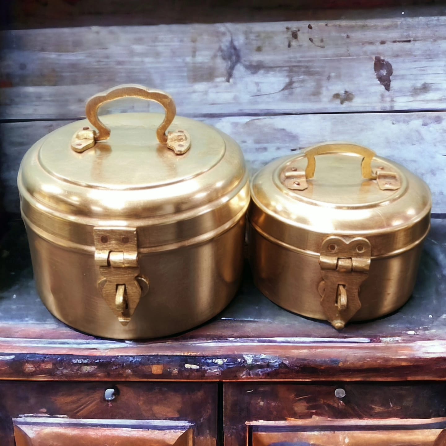 AT/060 - Set Of 2 Vintage Rare Pure Brass Antique Cylindrical Box With Handle & Locking System