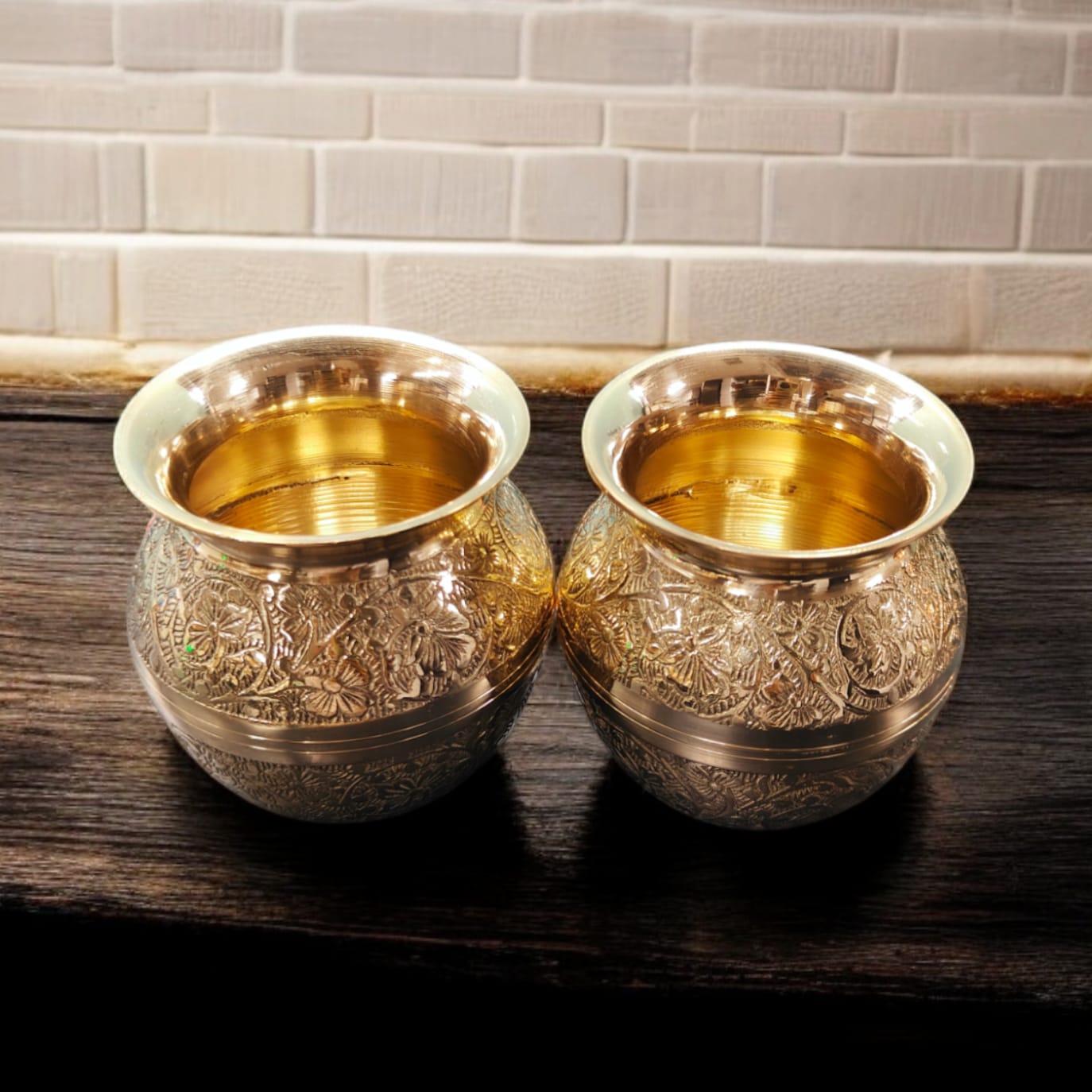 NW/032A - SET OF 2 - Pure Brass Antique look Very Beautifully Engraved Round Shape Water Pot