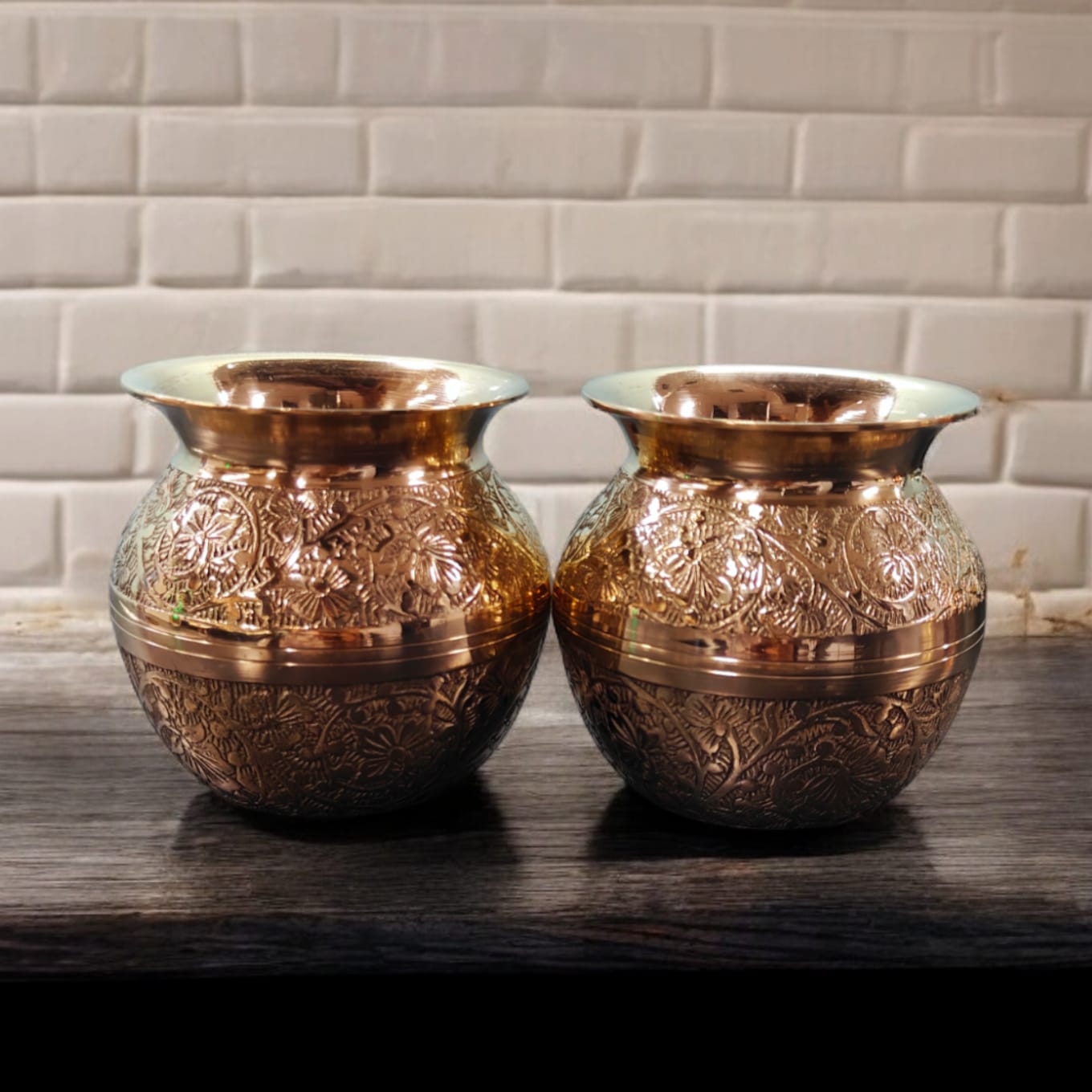 NW/032A - SET OF 2 - Pure Brass Antique look Very Beautifully Engraved Round Shape Water Pot