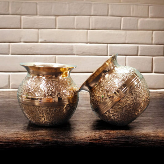 NW/032A - SET OF 2 - Pure Brass Antique look Very Beautifully Engraved Round Shape Water Pot