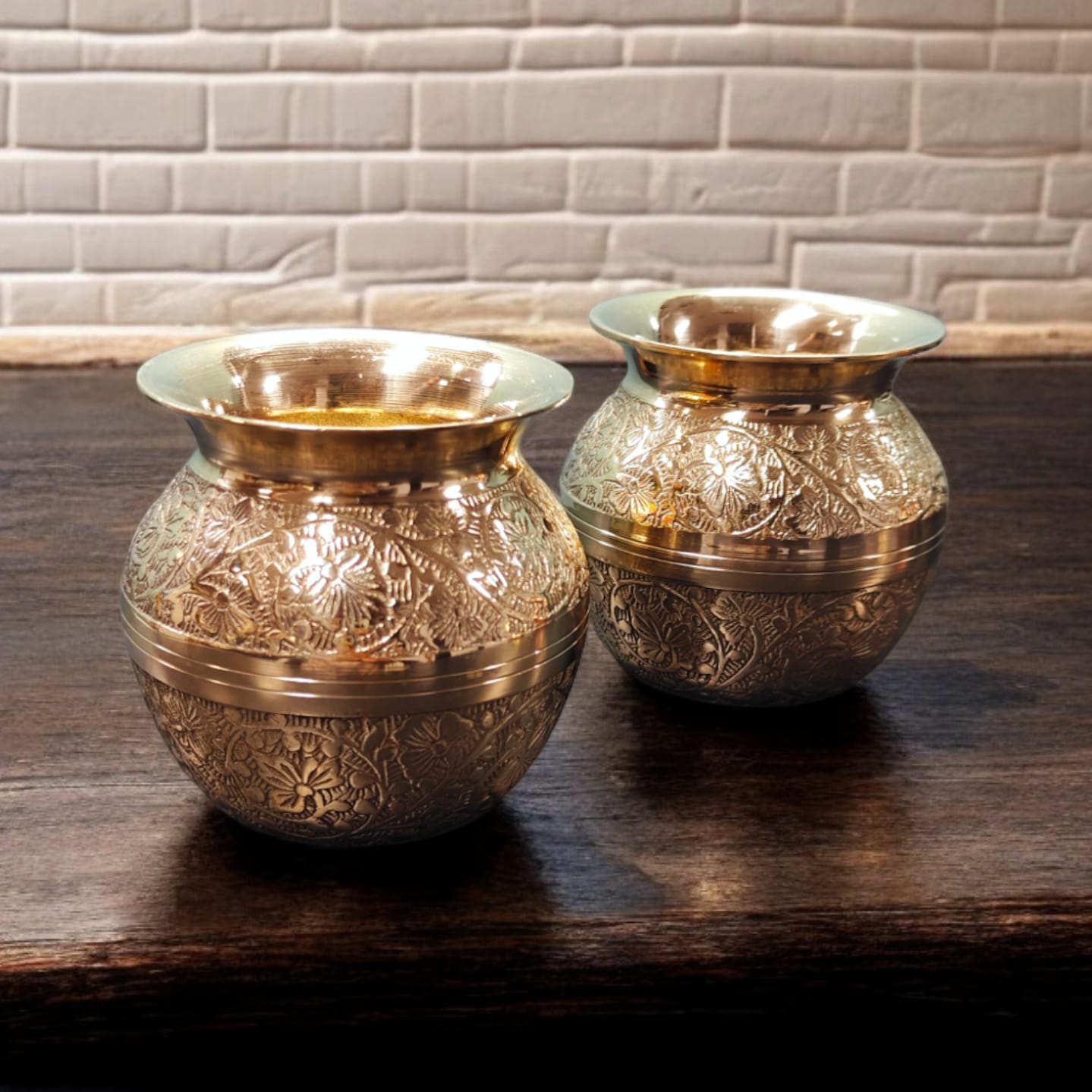 NW/032A - SET OF 2 - Pure Brass Antique look Very Beautifully Engraved Round Shape Water Pot