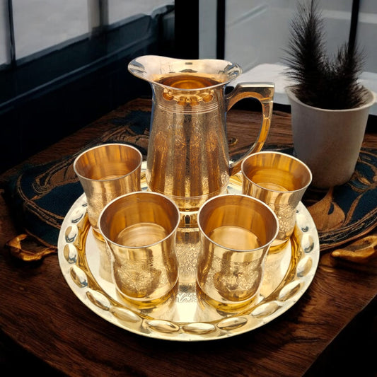 NW/055 - 100% Pure Brass Very Beautifully Engraved Refreshment set of 4 Glass, 1 Jug & 1 Round Shaped Tray