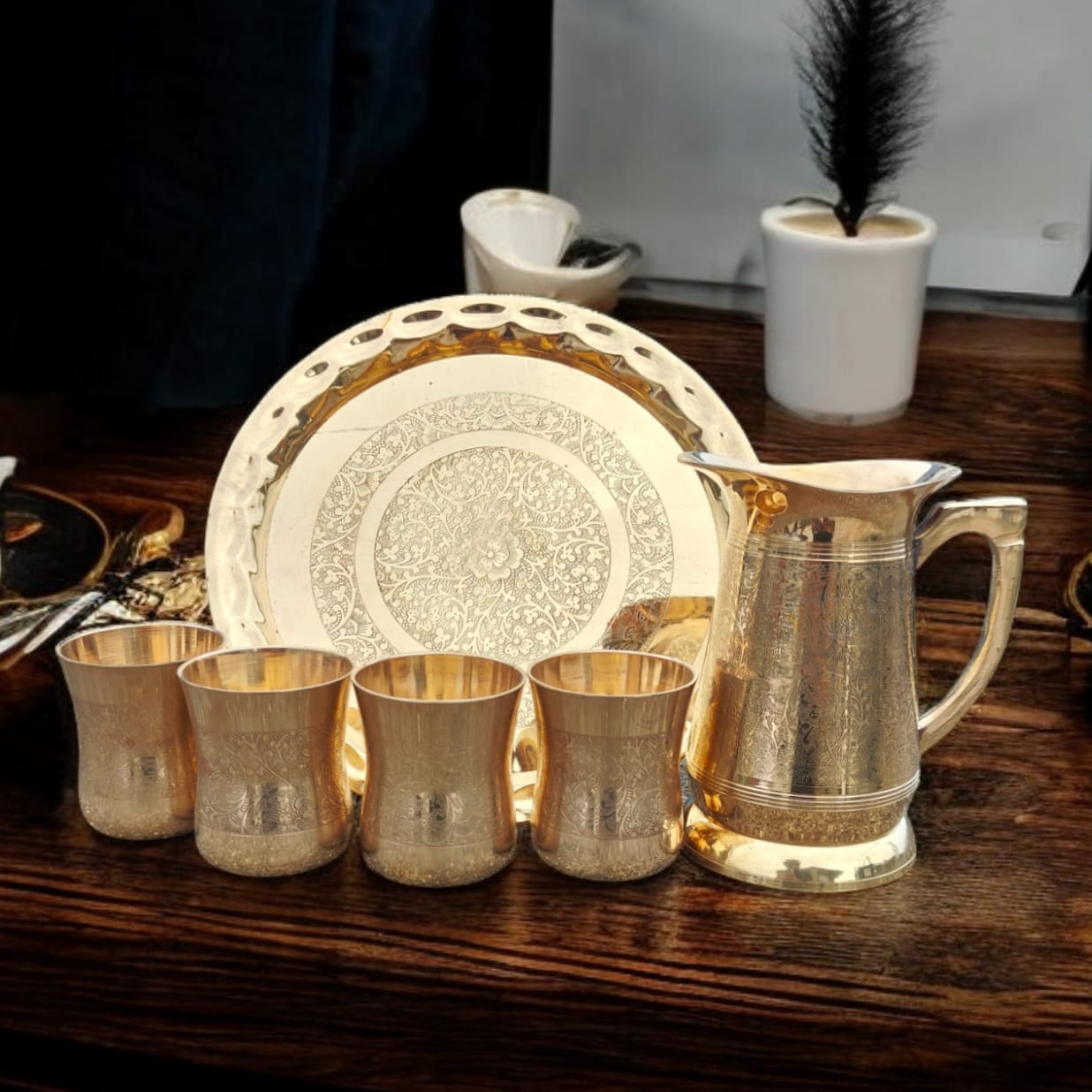 NW/055 - 100% Pure Brass Very Beautifully Engraved Refreshment set of 4 Glass, 1 Jug & 1 Round Shaped Tray