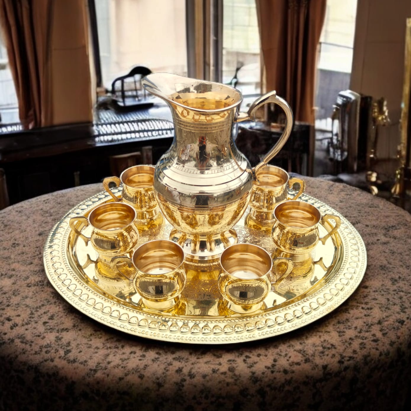 NW/065 - 100% Pure Brass Very Beautifully Engraved Refreshment set of 6 Small Cups , 1 Jug & 1 Round Oval Shaped Tray