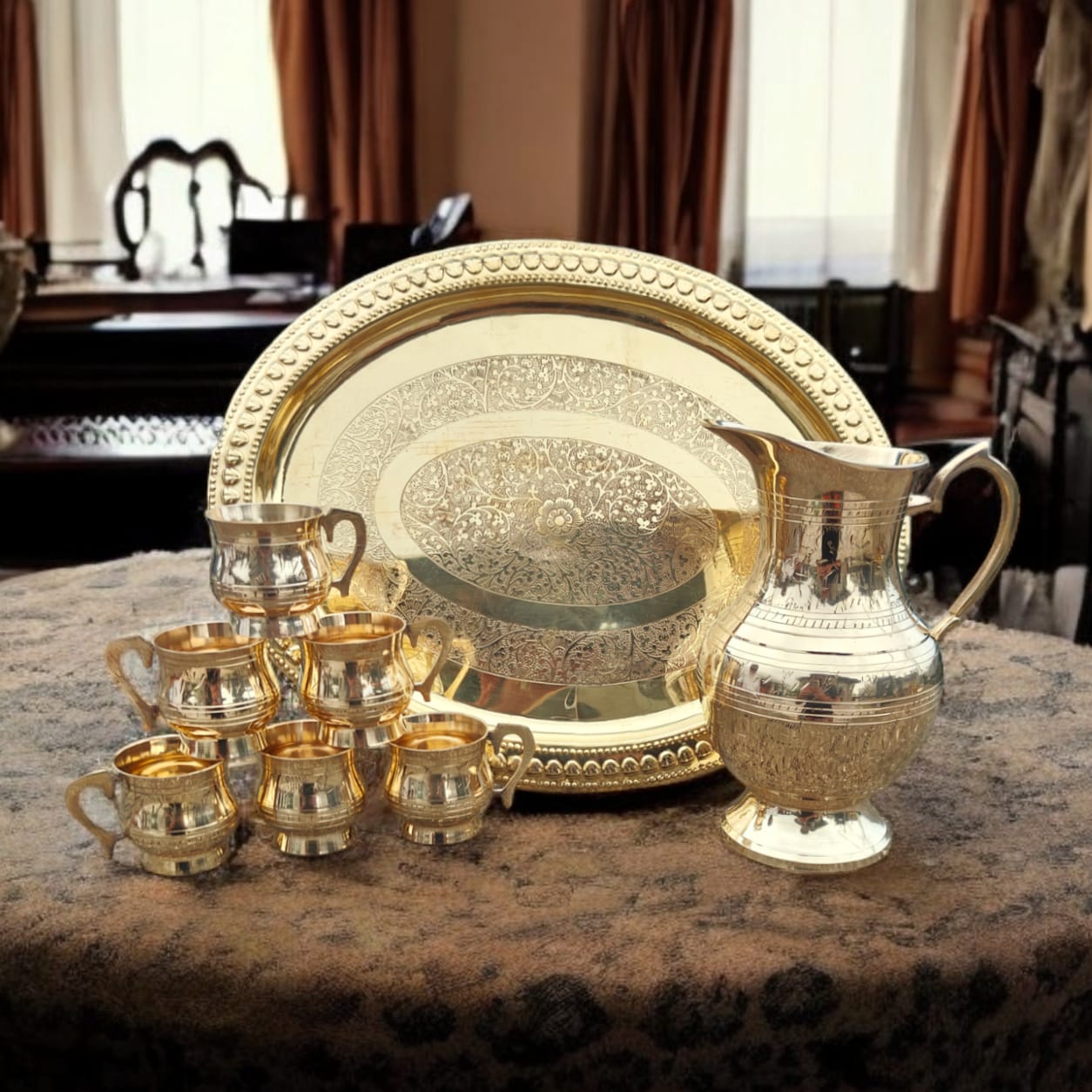 NW/065 - 100% Pure Brass Very Beautifully Engraved Refreshment set of 6 Small Cups , 1 Jug & 1 Round Oval Shaped Tray