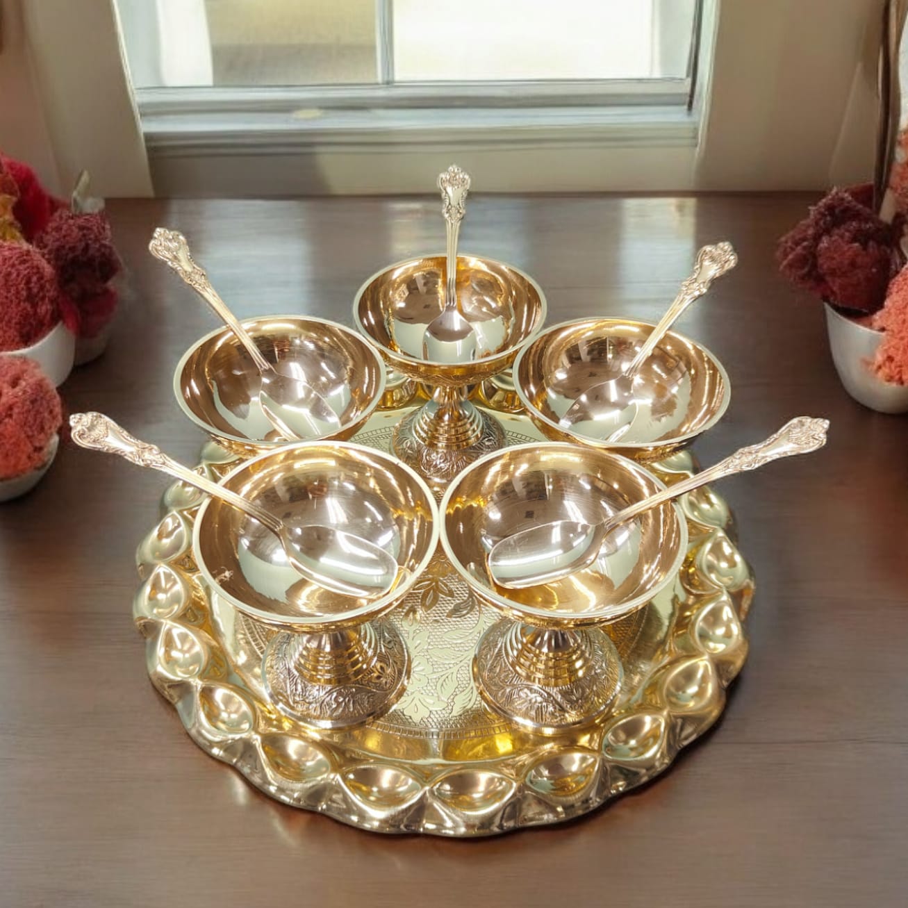 NW/022 - 100% Pure Brass Very Beautifully Engraved Ice Cream Bowl Set of 5 Bowls, 5 Spoons & 1 Round Shaped Tray