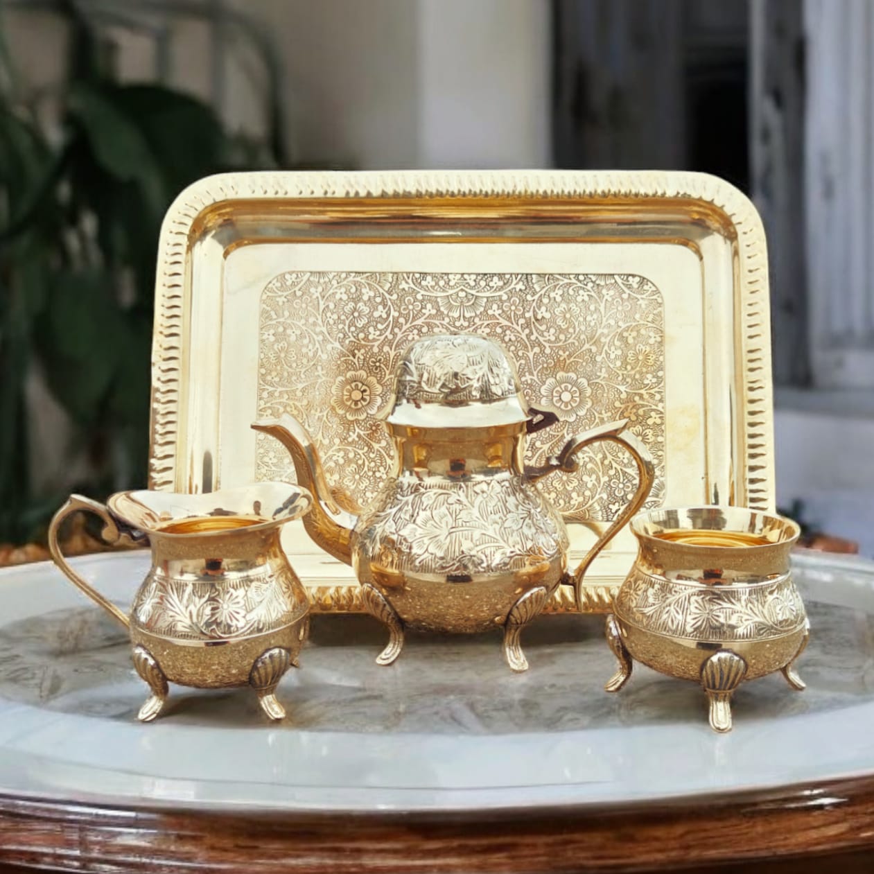 BRAND NEW: NW/064 - 100% Pure Brass Very Beautifully Engraved Tea set of 1 Tea Pot, 1 Milk Pot, 1 Sugar Pot & 1 Rectangle Shape Tray | KITCHENWARE | UTENSILS | HOME APPLIANCES