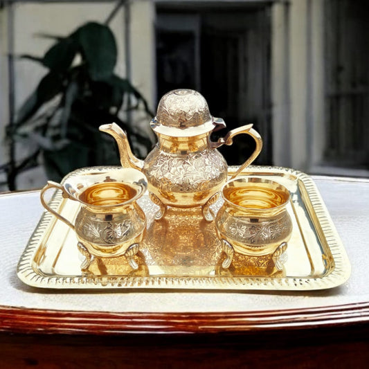 NW/064 - 100% Pure Brass Very Beautifully Engraved Tea set of 1 Tea Pot, 1 Milk Pot, 1 Sugar Pot & 1 Rectangle Shape Tray