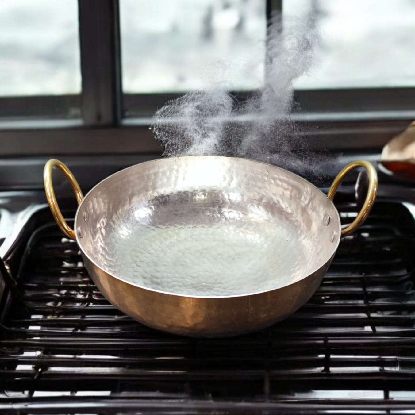 NW/027 - Pure Brass Hammered Kadhai / Frying Pan With Handles And Kalai Inside for Cooking Purpose