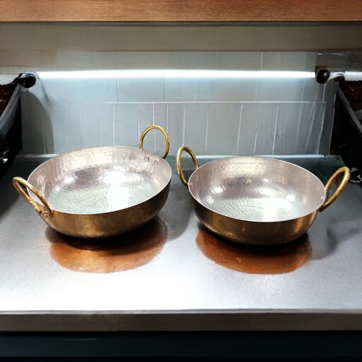 NW/033 - Set Of 2 Pure Brass Hammered Kadhai / Frying Pan With Handles And Kalai Inside for Cooking Purpose