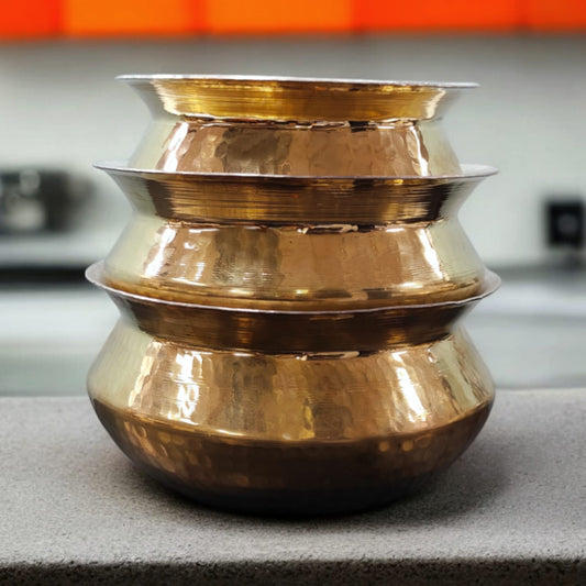 NW/028 - Set of 3 - 100% Pure Brass Hammered Biryani Handi with Kalai Inside For Cooking Purpose