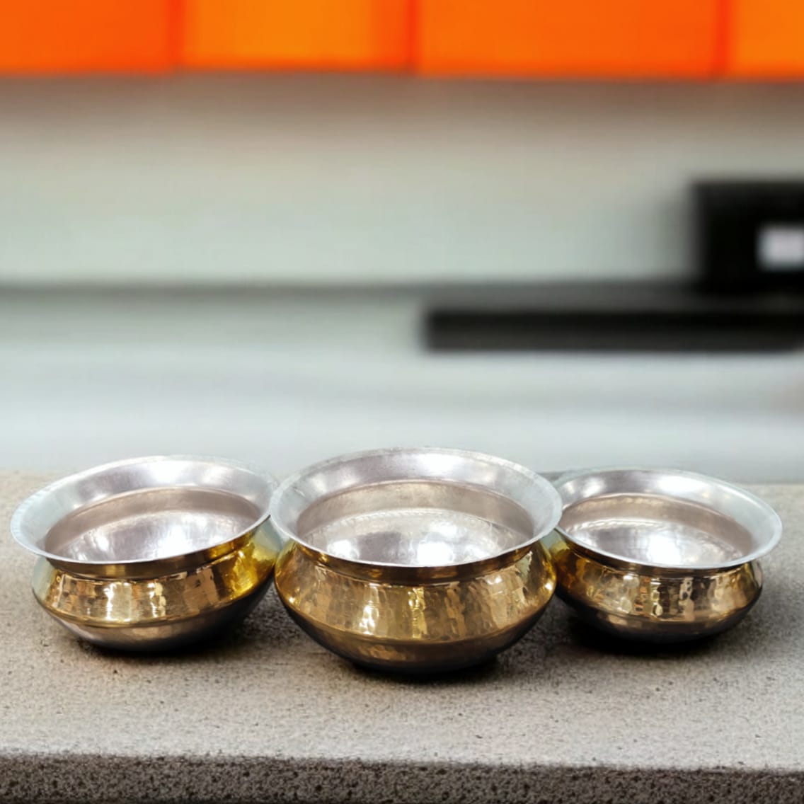 NW/028 - Set of 3 - 100% Pure Brass Hammered Biryani Handi with Kalai Inside For Cooking Purpose