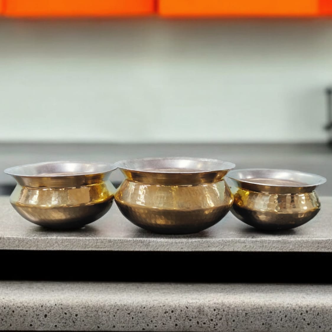 NW/028 - Set of 3 - 100% Pure Brass Hammered Biryani Handi with Kalai Inside For Cooking Purpose