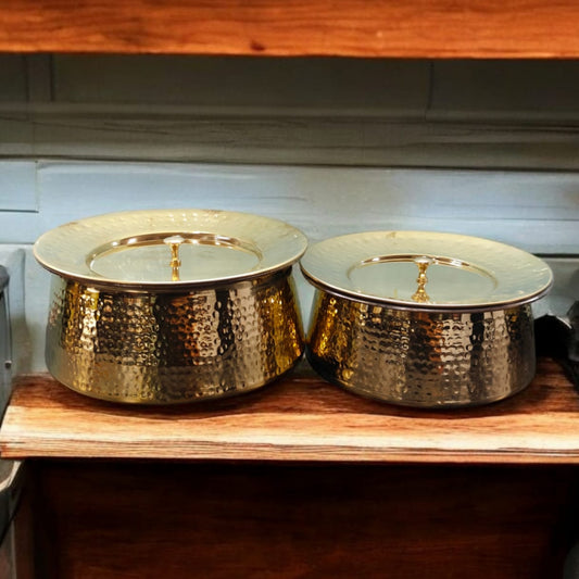 NW/040 - Set of 2 - 100% Pure Brass Hammered Lagan Handi with Lid & Kalai Inside For Cooking Purpose