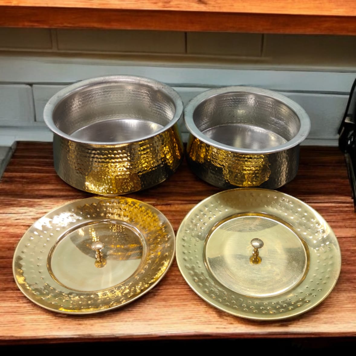 NW/040 - Set of 2 - 100% Pure Brass Hammered Lagan Handi with Lid & Kalai Inside For Cooking Purpose