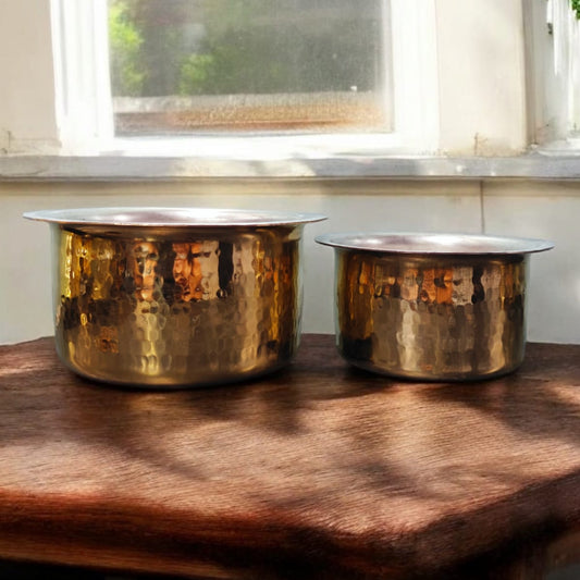 NW/041 - Set of 2 - 100% Pure Brass Antique Look Hammered Tope | Vintage Patila with Kalai Inside For Cooking Purpose