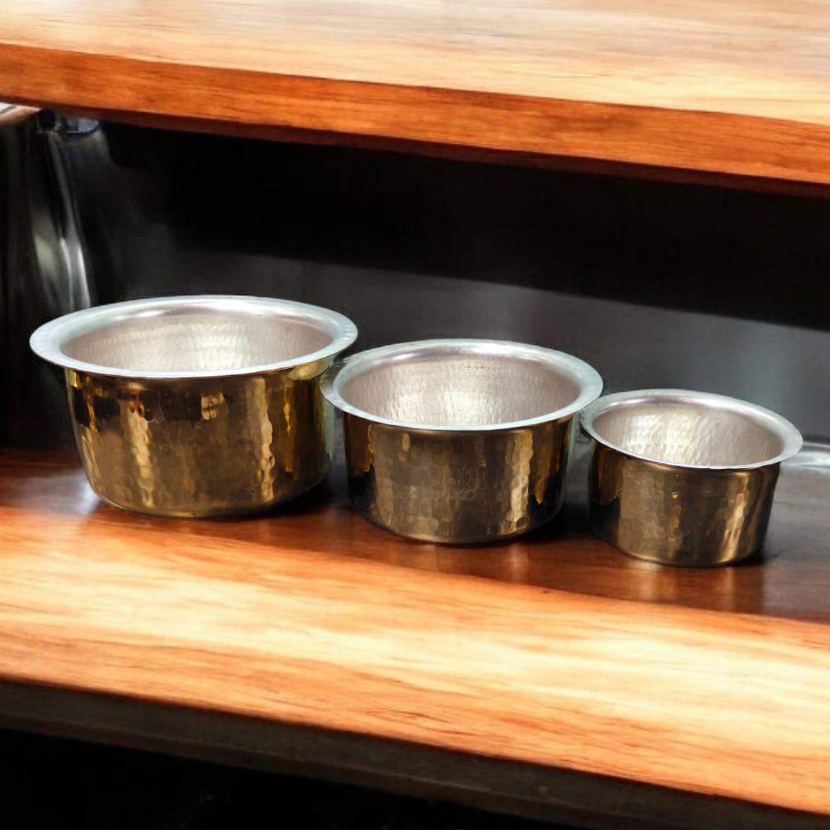 NW/050 - Set of 3 - 100% Pure Brass Antique Look Hammered Tope | Vintage Patila with Kalai Inside For Cooking Purpose