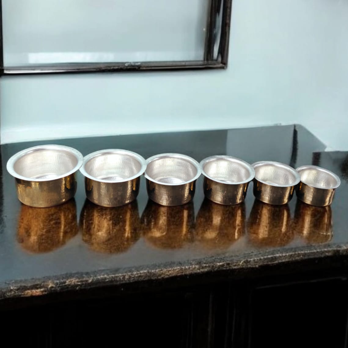 NW/017 - Set of 6 - 100% Pure Brass Antique Look Hammered Tope | Vintage Patila with Kalai Inside For Cooking Purpose