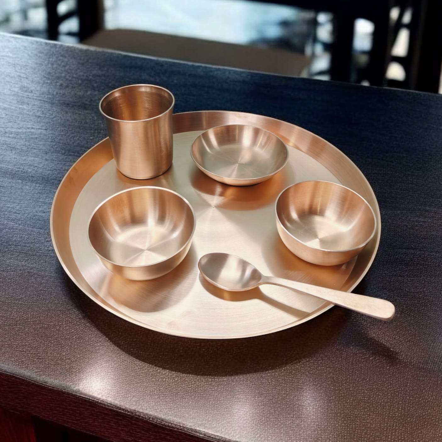 NW/015 - 100% Pure Bronze ( KAANSA ) Vintage Look Dinner Set. Includes: 1 Plate, 3 Bowls, 1 Glass & 1 Spoon