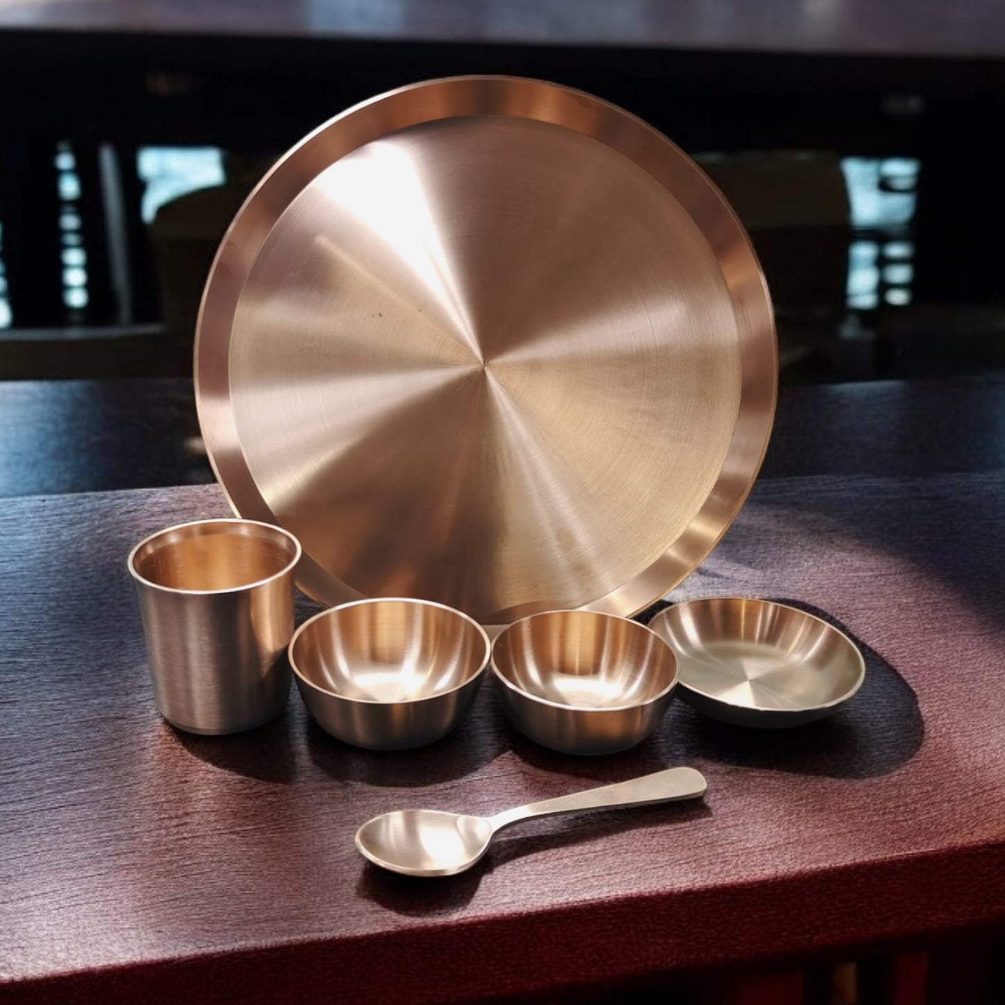 NW/015 - 100% Pure Bronze ( KAANSA ) Vintage Look Dinner Set. Includes: 1 Plate, 3 Bowls, 1 Glass & 1 Spoon