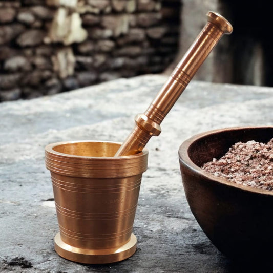 AT/107 - Vintage Brass Original Antique Mortar And Pestle traditionally known as "Khalbatta" & "Hamam Dasta"