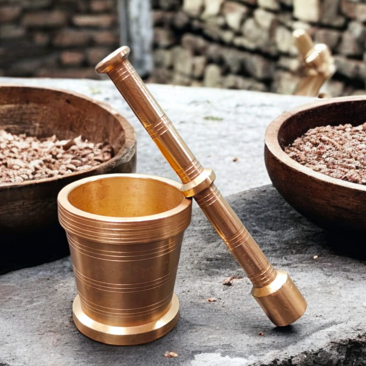 AT/107 - Vintage Brass Original Antique Mortar And Pestle traditionally known as "Khalbatta" & "Hamam Dasta"