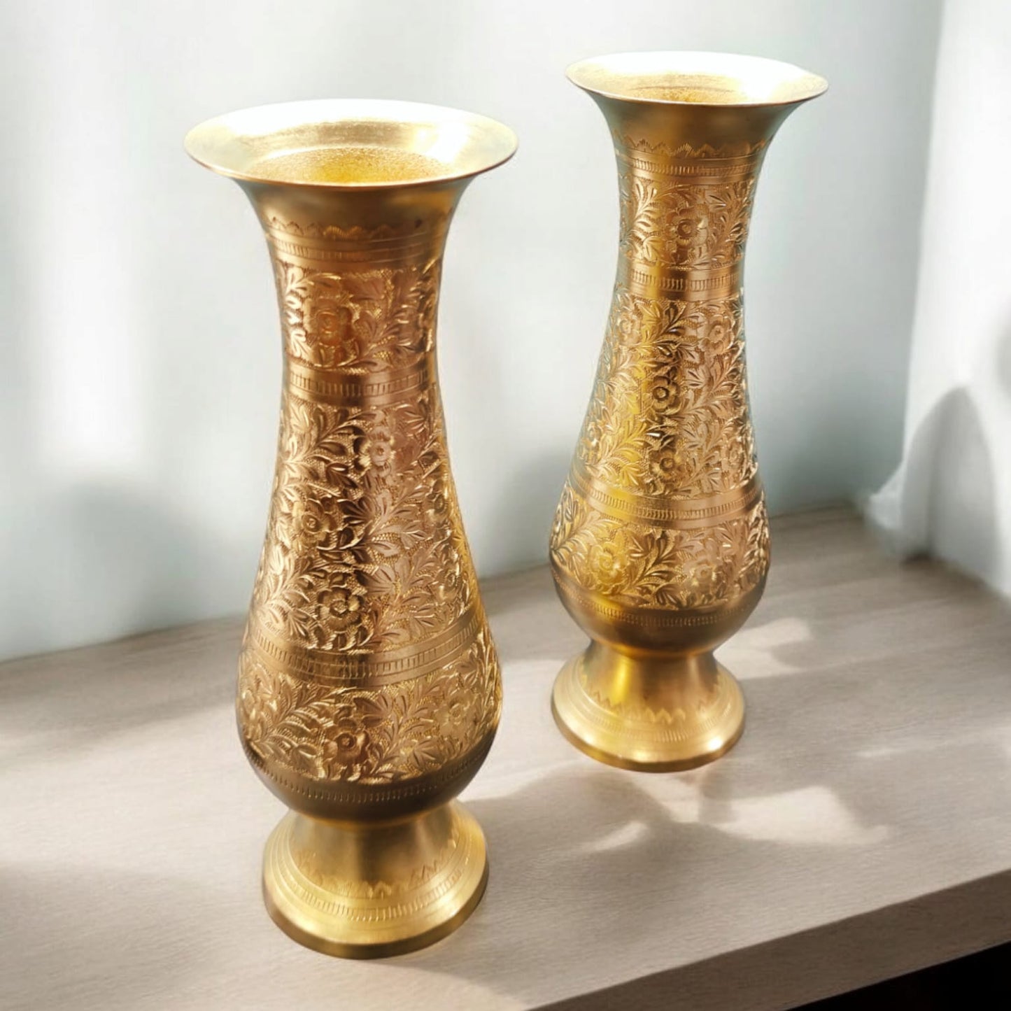 AT/063 - Set Of 2 Vintage Rare Very Beautifully Engraved Pure Brass Flower Vase