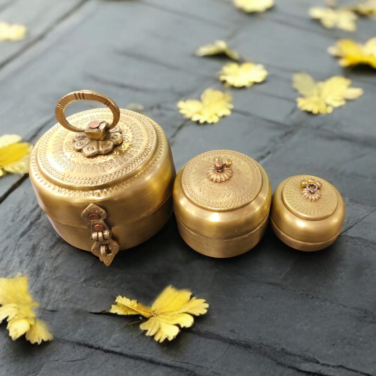 AT/002 - Set of 3 100% Pure Brass Vintage Style Beautifully Engraved Antique Matt Look Trinket Boxes.