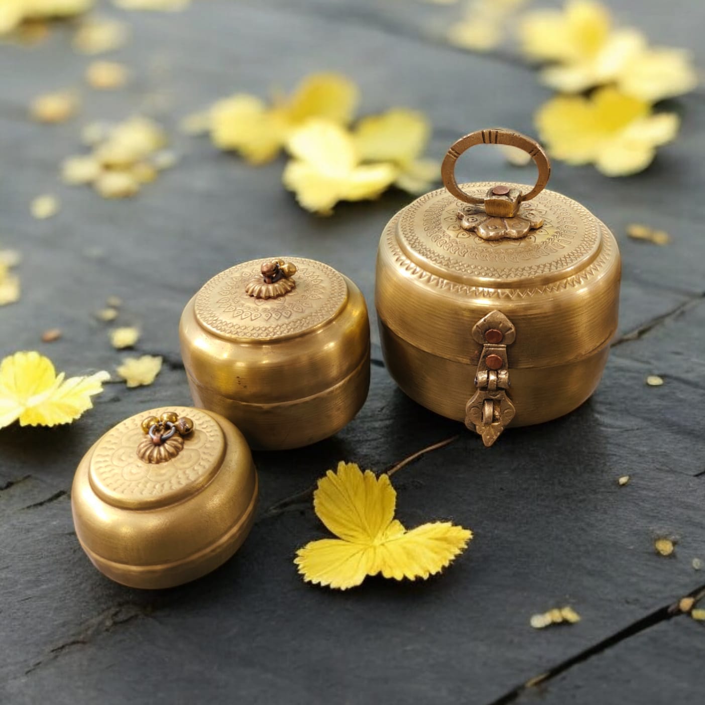 AT/002 - Set of 3 100% Pure Brass Vintage Style Beautifully Engraved Antique Matt Look Trinket Boxes.