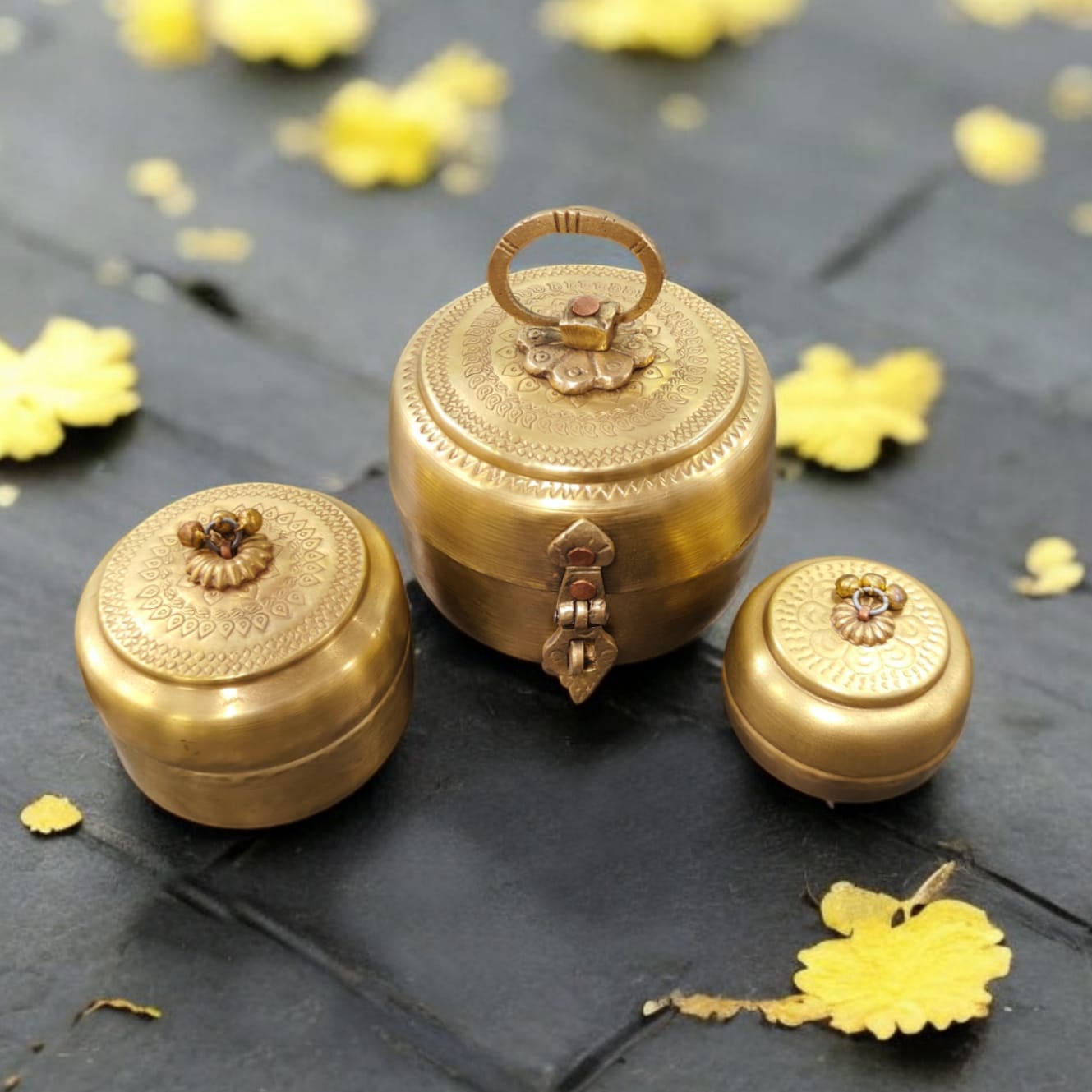 AT/002 - Set of 3 100% Pure Brass Vintage Style Beautifully Engraved Antique Matt Look Trinket Boxes.