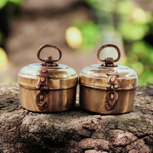 AT/061 - Set Of 2 Vintage Rare Pure Brass Original Antique Small Round Shape Box With Handle & Locking System.