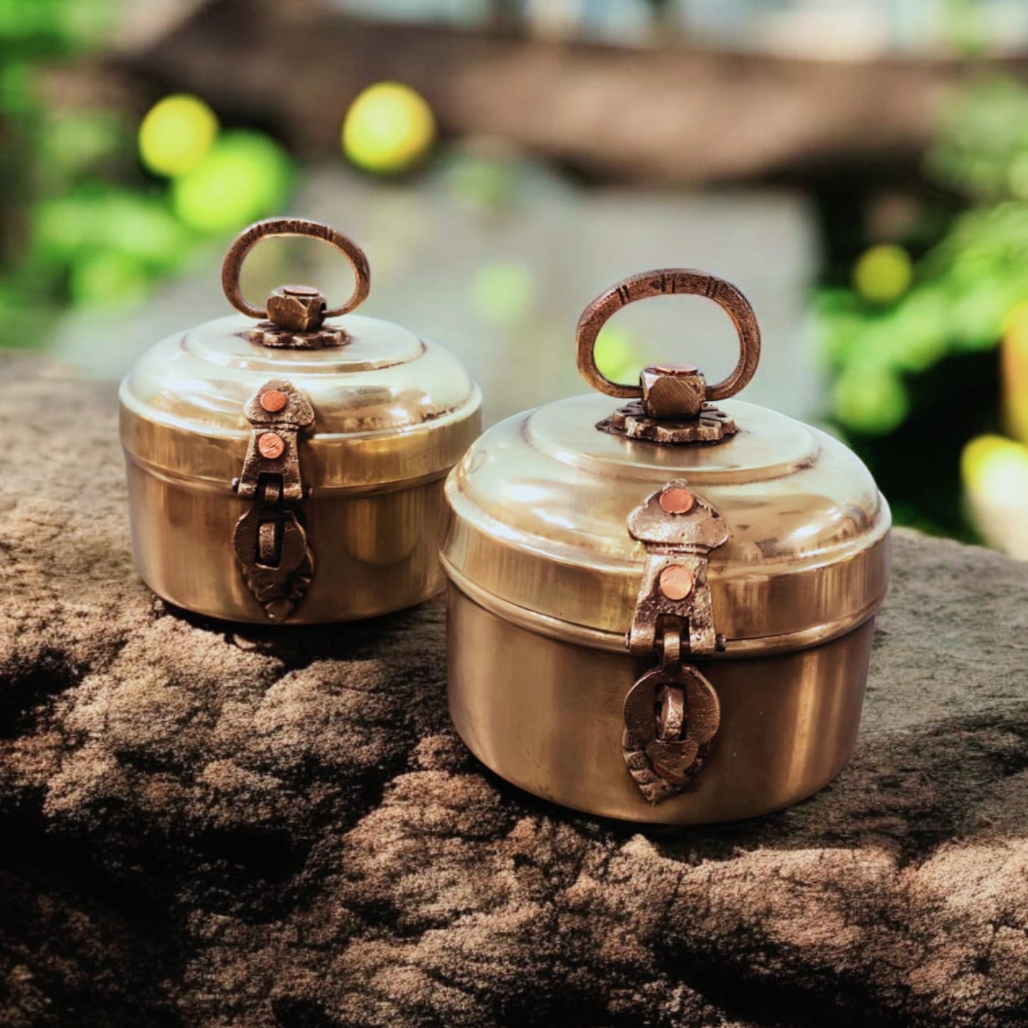 AT/061 - Set Of 2 Vintage Rare Pure Brass Original Antique Small Round Shape Box With Handle & Locking System.