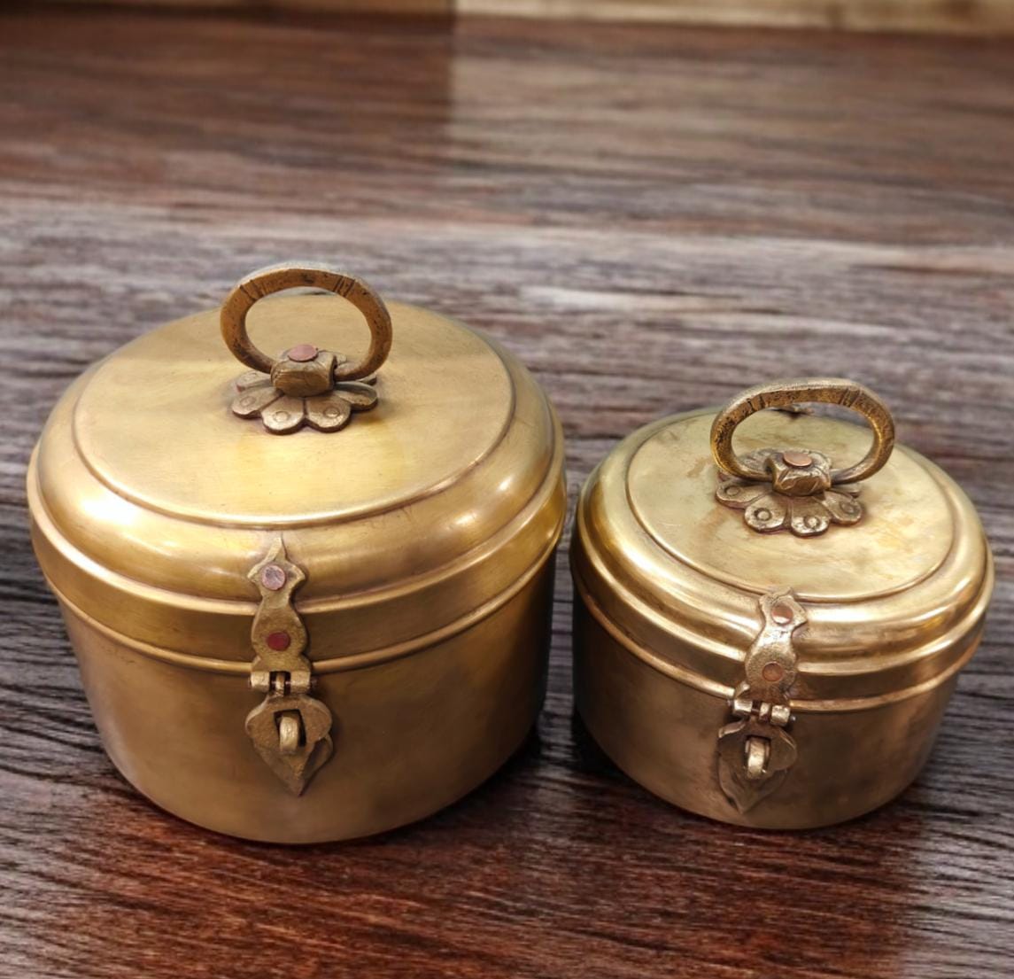 AT/023 - Set Of 2 Vintage Rare Pure Brass Original Antique Very Beautiful Cylindrical Box With Handle & Locking System.