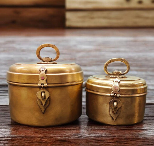 AT/023 - Set Of 2 Vintage Rare Pure Brass Original Antique Very Beautiful Cylindrical Box With Handle & Locking System.