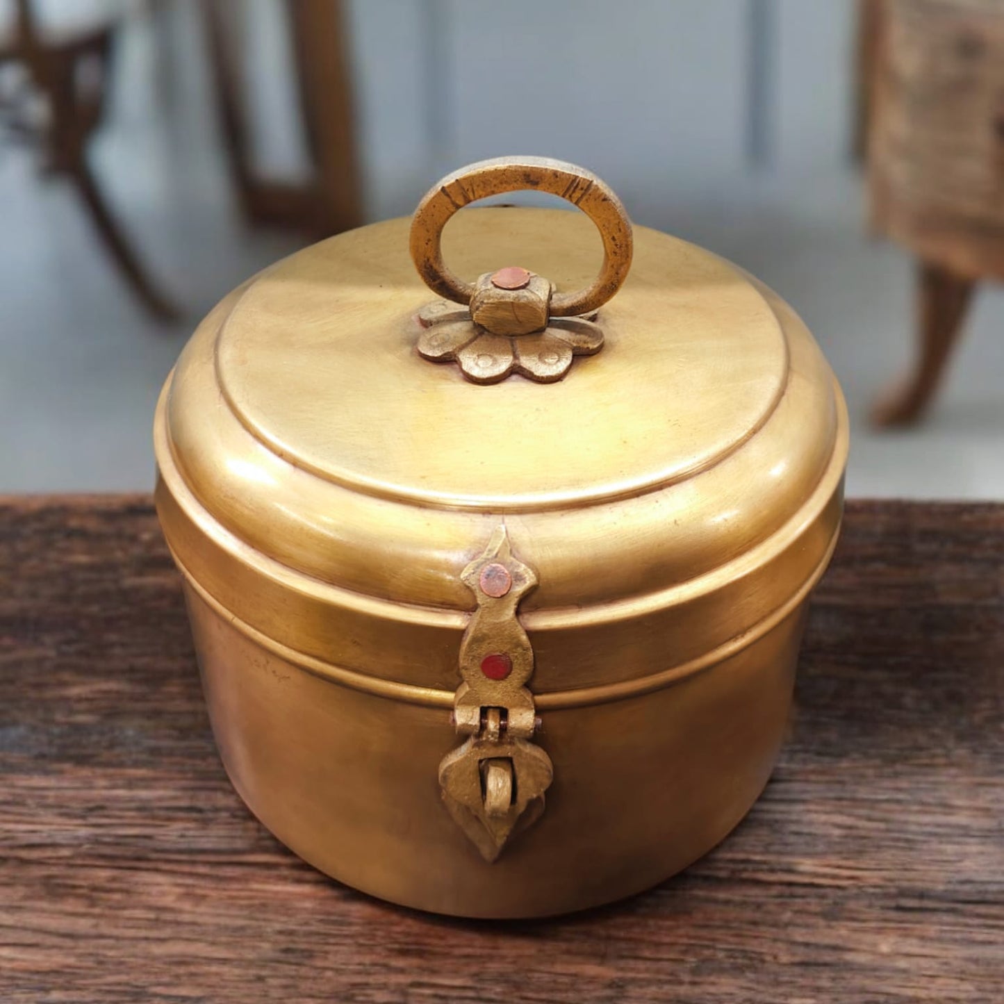 AT/007 - Vintage Rare Pure Brass Original Antique Round Shape Box With Handle & Locking System.