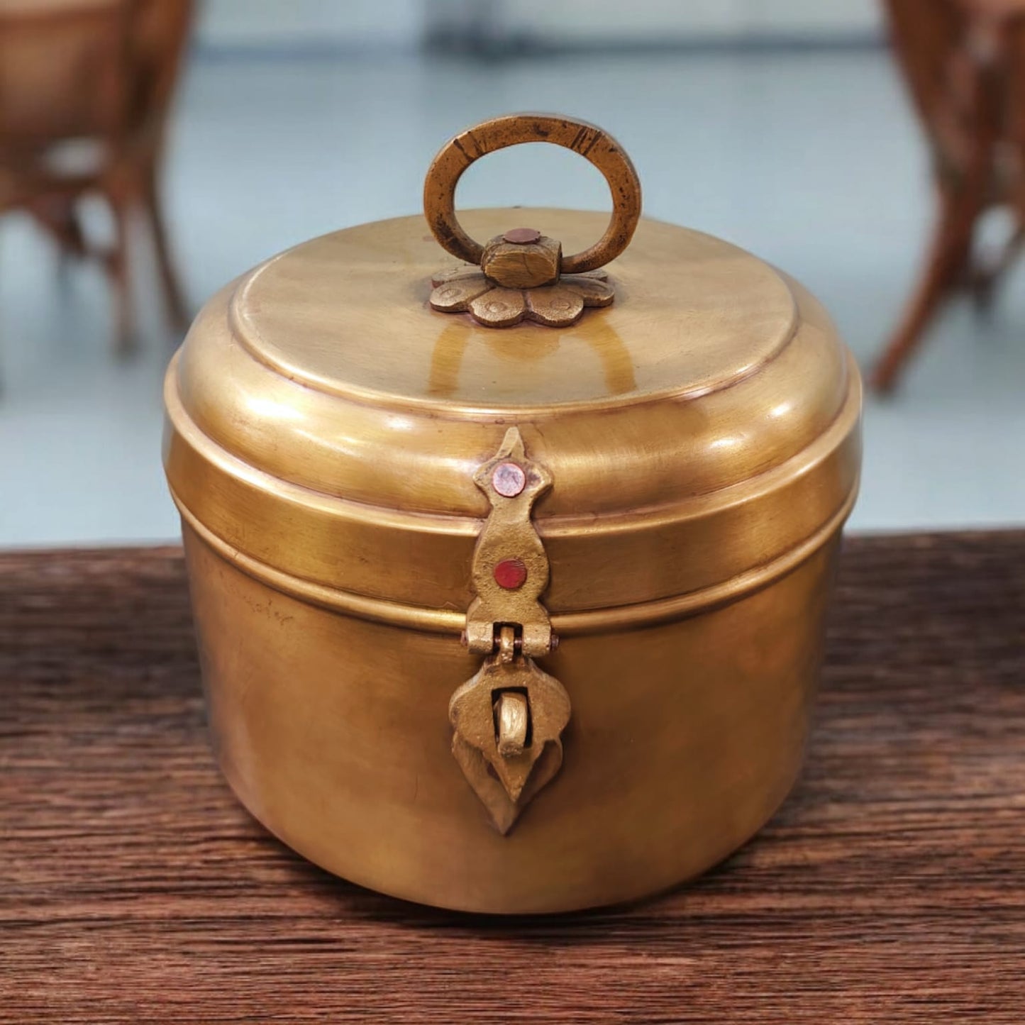 AT/007 - Vintage Rare Pure Brass Original Antique Round Shape Box With Handle & Locking System.