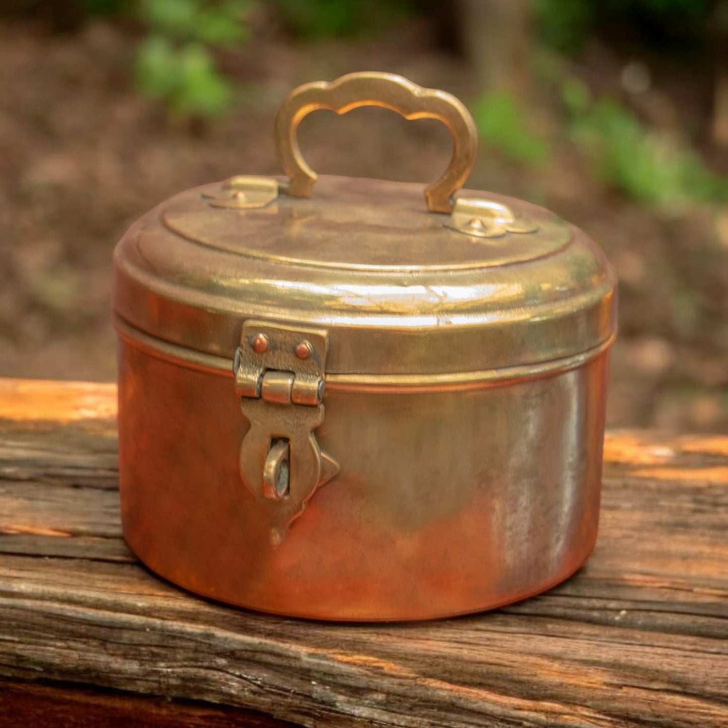 AT/037 - Vintage Rare Pure Brass Original Antique Round Shape Box With Handle & Locking System.