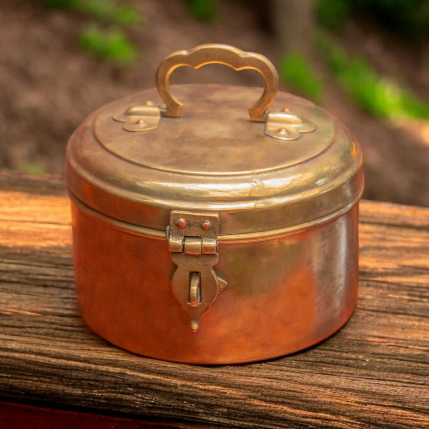 AT/037 - Vintage Rare Pure Brass Original Antique Round Shape Box With Handle & Locking System.