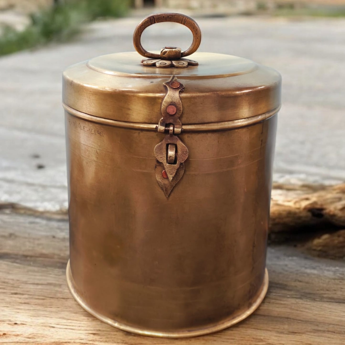 AT/052 - Vintage Brass Original Antique Solid Cylindrical Lockable Box With Handle