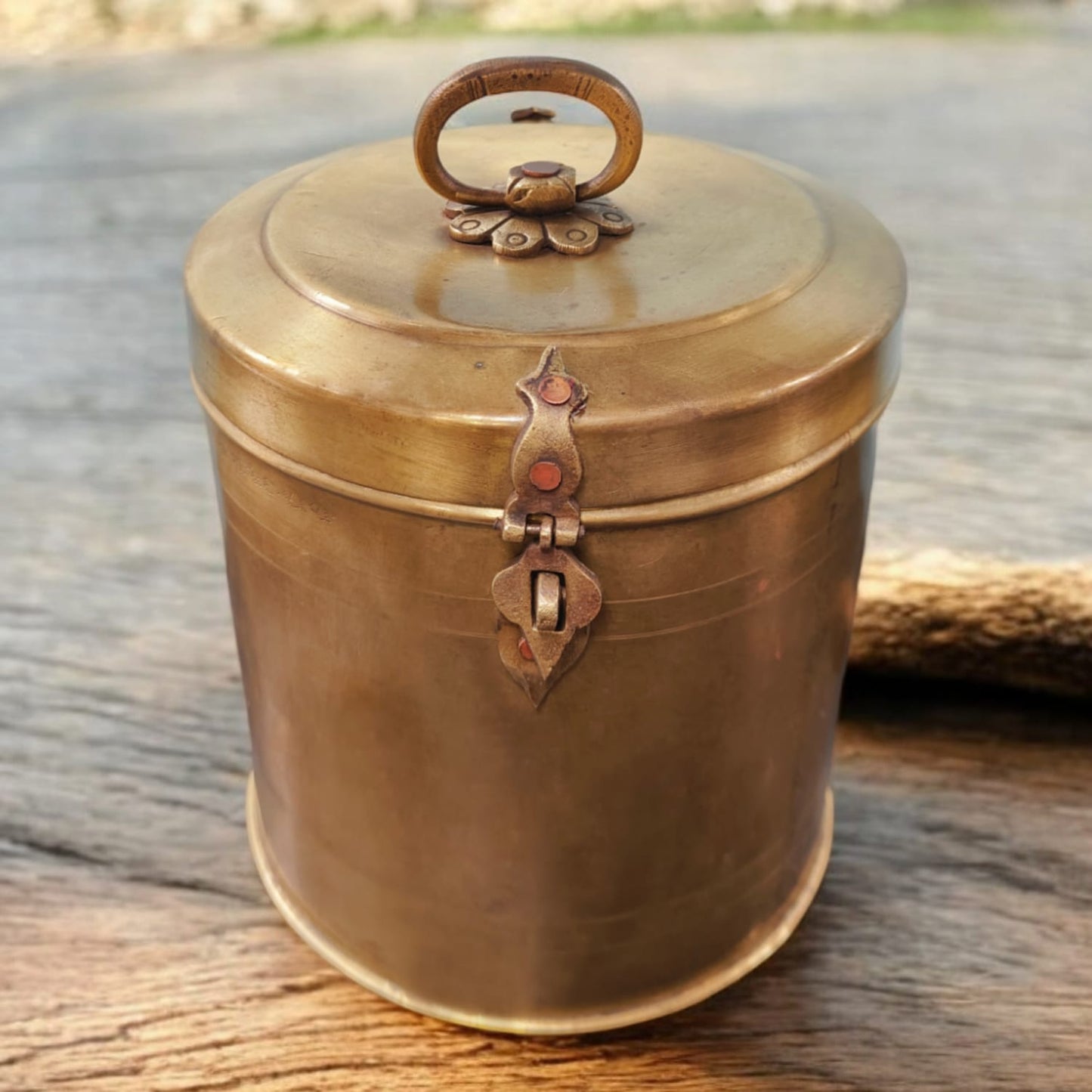 AT/052 - Vintage Brass Original Antique Solid Cylindrical Lockable Box With Handle