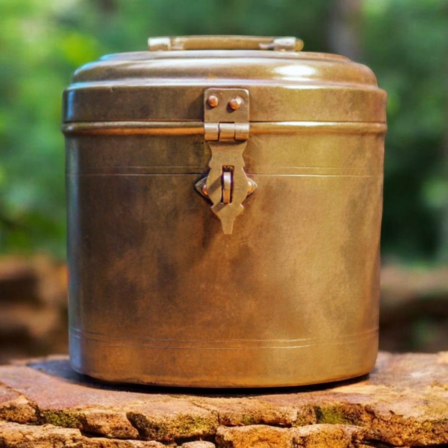 AT/020 - Vintage Brass Original Antique Solid Cylindrical Lockable Box With Handle