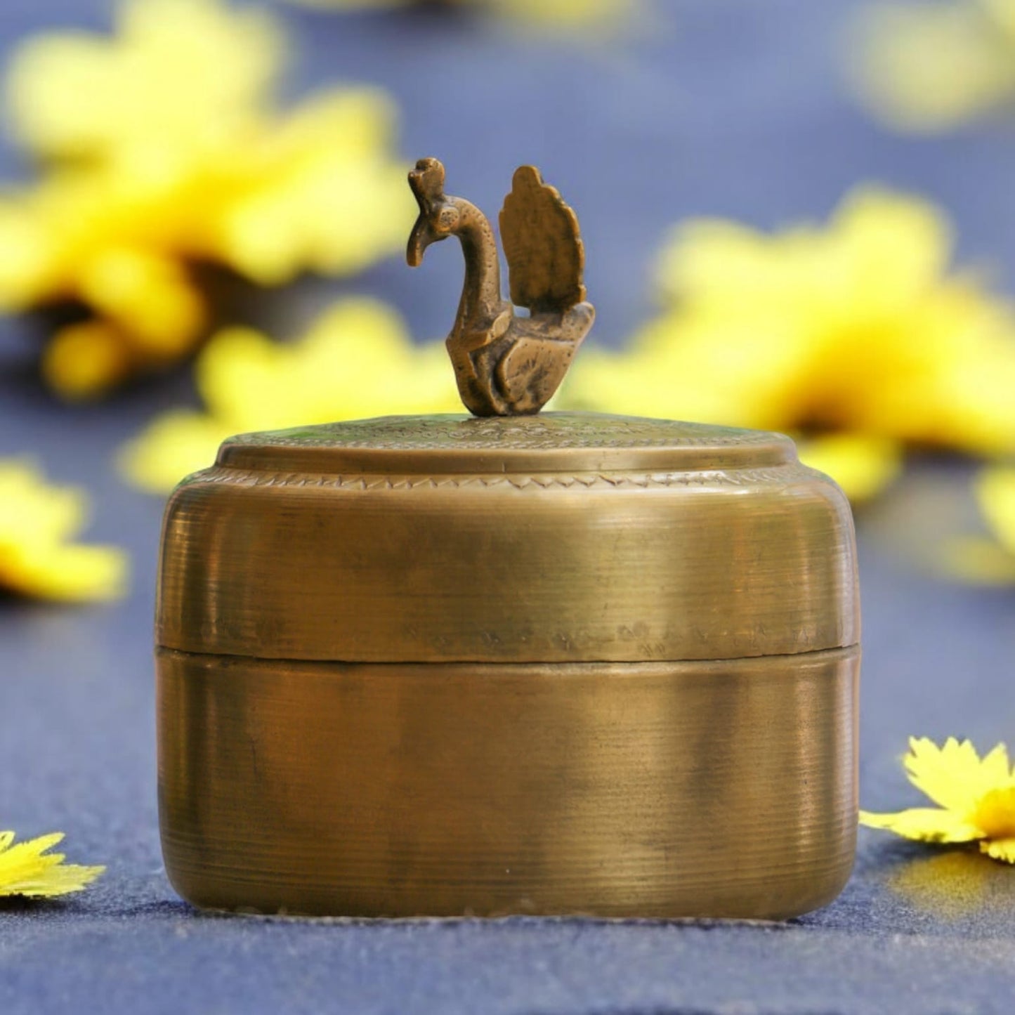 AT/031 - 100% Pure Brass Vintage Style Beautifully Engraved Antique Matt Look Trinket Box with Bird on top.